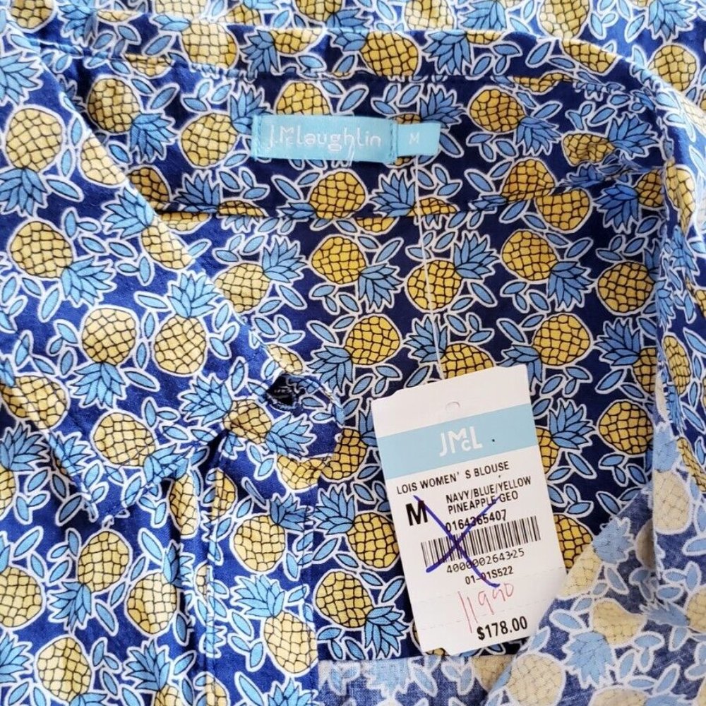 J. McLaughlin Women’s Lois Button Front Shirt Size M Blouse Pineapple Navy Blue - Picture 7 of 9